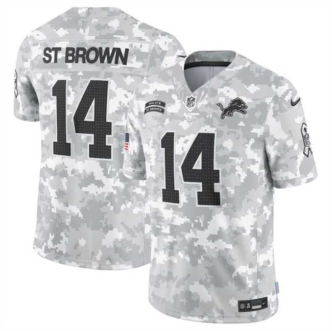 Men%27s Detroit Lions #14 Amon-Ra St. Brown 2024 Arctic Camo Salute To Service Limited Stitched Jersey Dyin->detroit lions->NFL Jersey